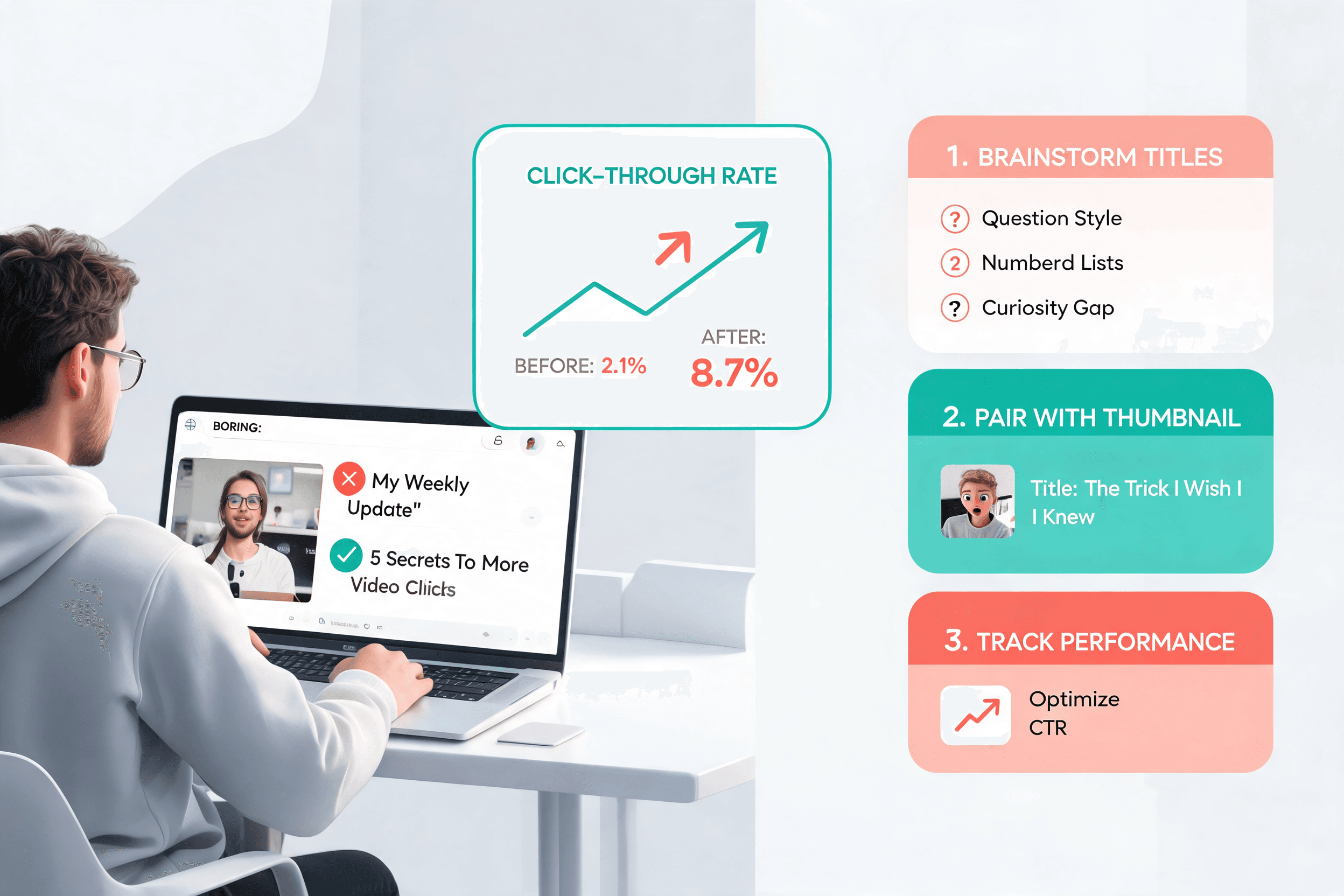AI title generation workspace with title scoring, keyword analysis, and A-B test notes