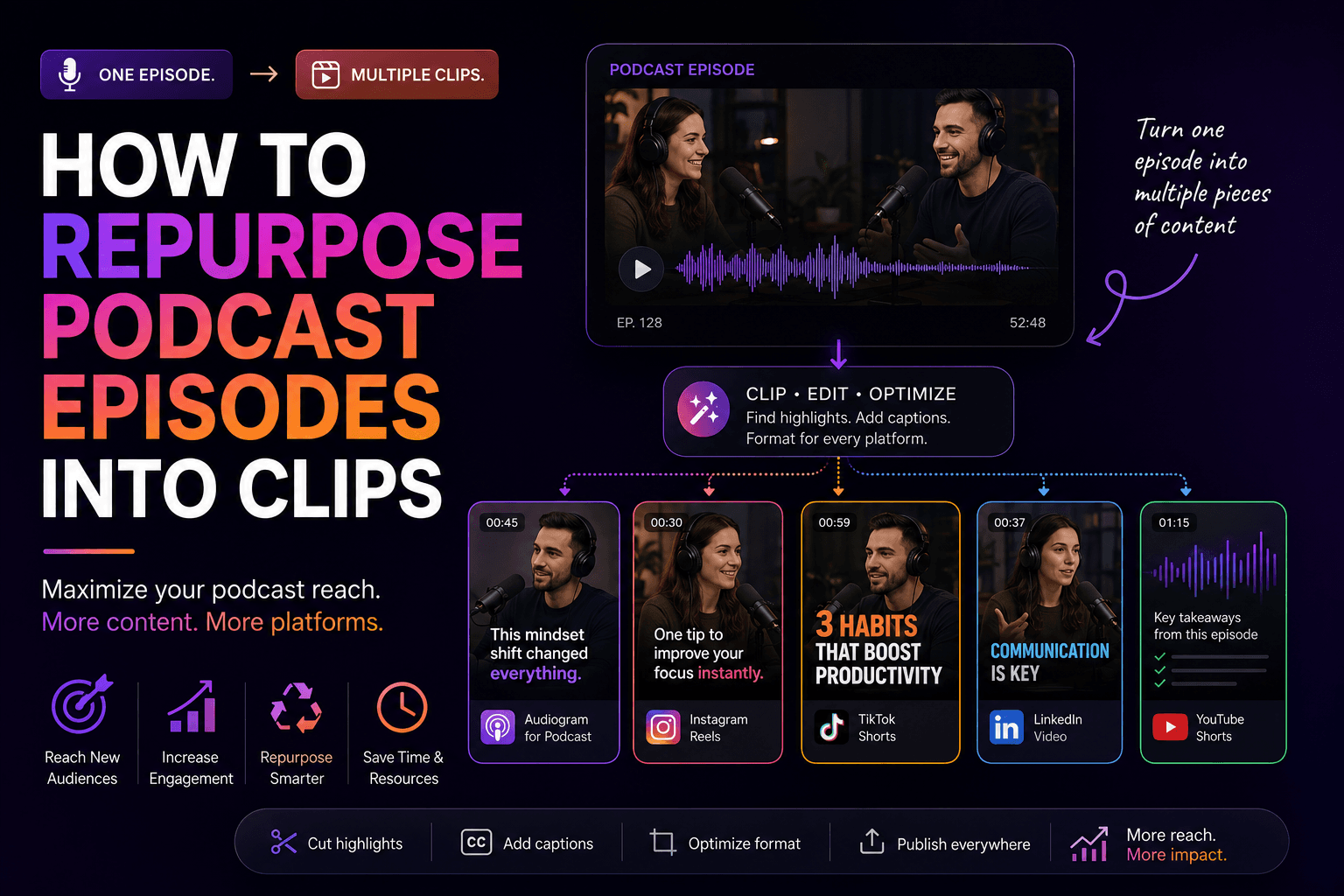Episodio podcast trasformato in piu bozze di clip short-form in un workflow AI