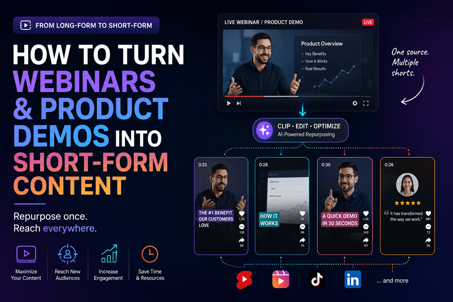 Enregistrement de webinaire et démo produit converti en assets short-form marketing