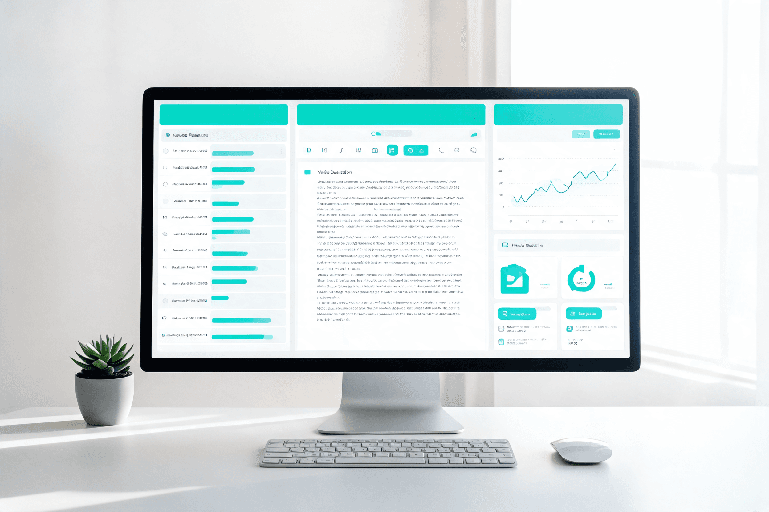 AI-assisted description writing flow with keyword prompts and SEO annotations