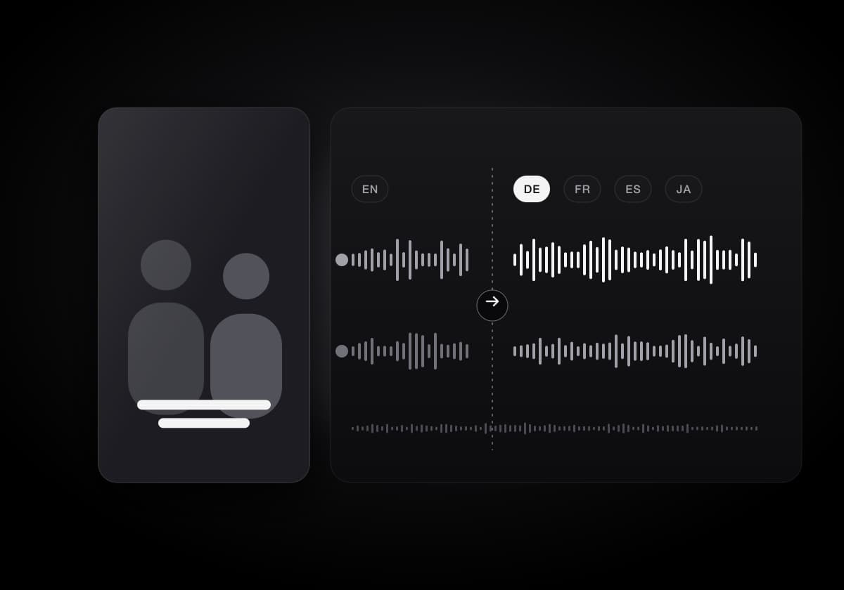 A vertical clip with two speakers whose voices pass from English into German, French, Spanish and Japanese, each speaker keeping a voice of their own while the music bed runs on underneath