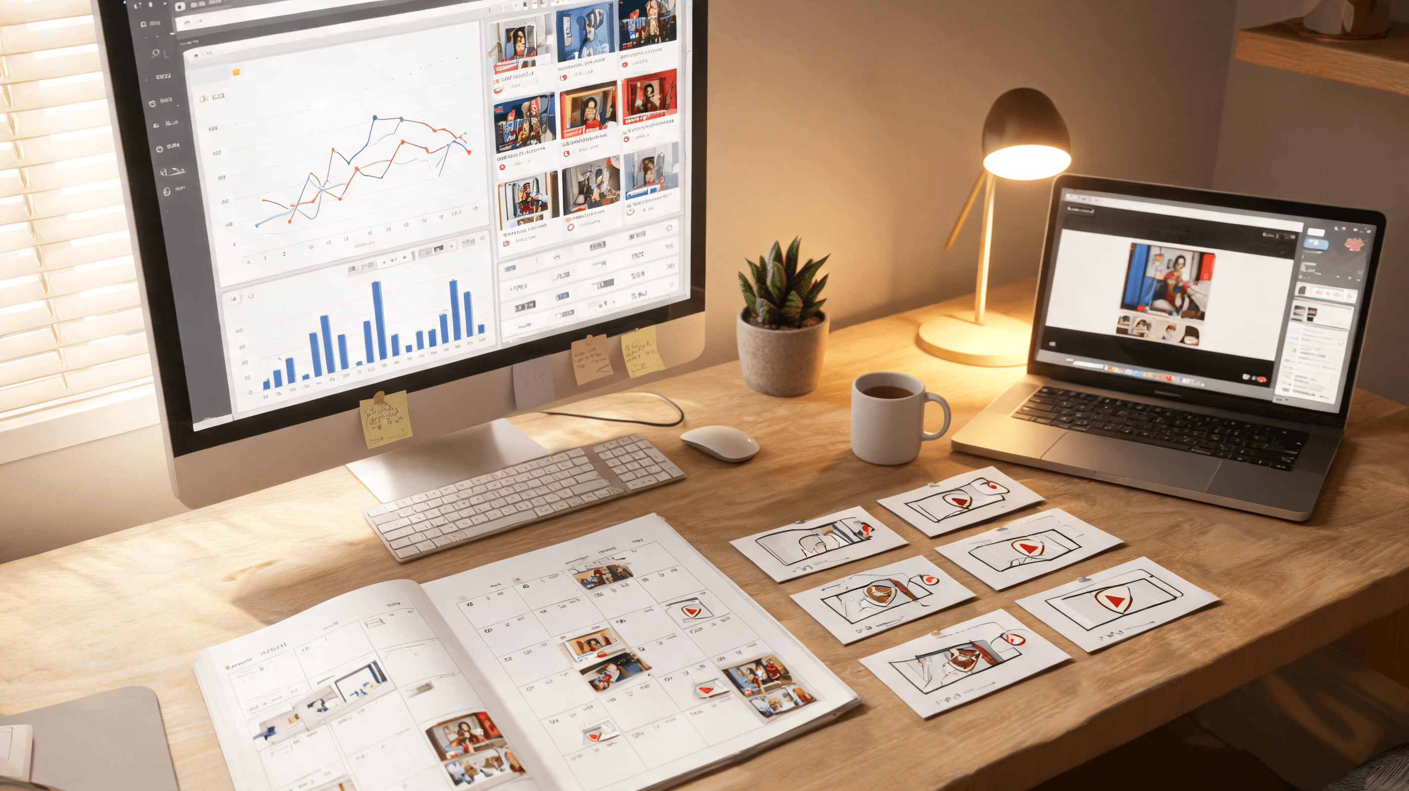 AI content calendar with performance metrics and multi-step creator workflow